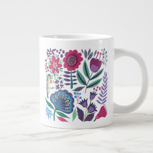 Caneca De Café Grande Padrão Floral de Arte Folk Magenta