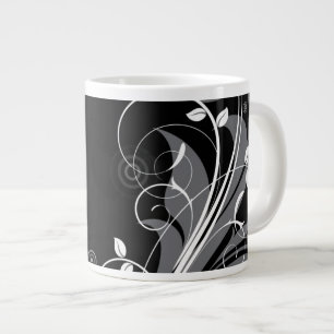 Caneca De Café Grande Padrão Floral de Cinza em Preto