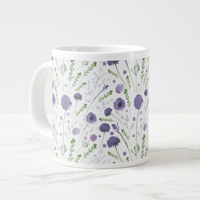 Caneca De Café Grande Padrão Floral de Cor de Água Púrpura Elegante (Frente Esquerda)