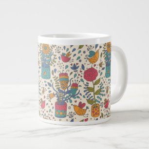 Caneca De Café Grande Padrão floral de desenho animado com aves 2
