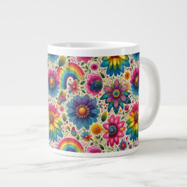 Caneca De Café Grande Padrão Floral Hippie Arco-Íris Retrô