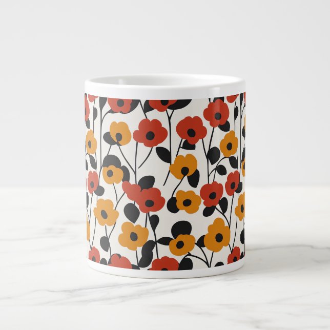 Caneca De Café Grande Padrão Floral Retroativo Negrito Vermelho, Laranja (Frente)