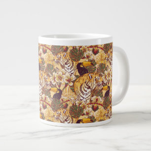 Caneca De Café Grande Padrão Floral Tropical Com Tigre