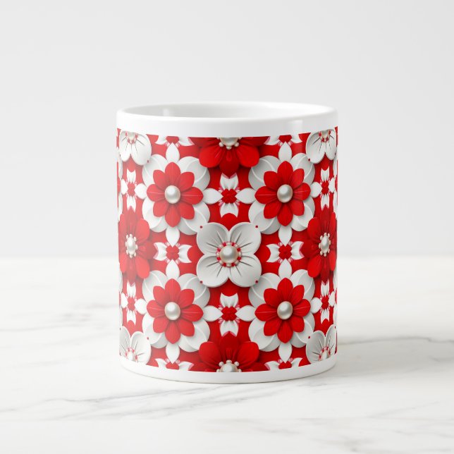 Caneca De Café Grande Padrão Floral Vibrante Vermelho e Branco com Pérol (Frente)