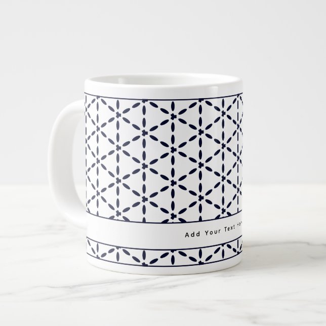 Caneca De Café Grande Padrão Geométrico Azul Marinho em Branco (Frente Esquerda)