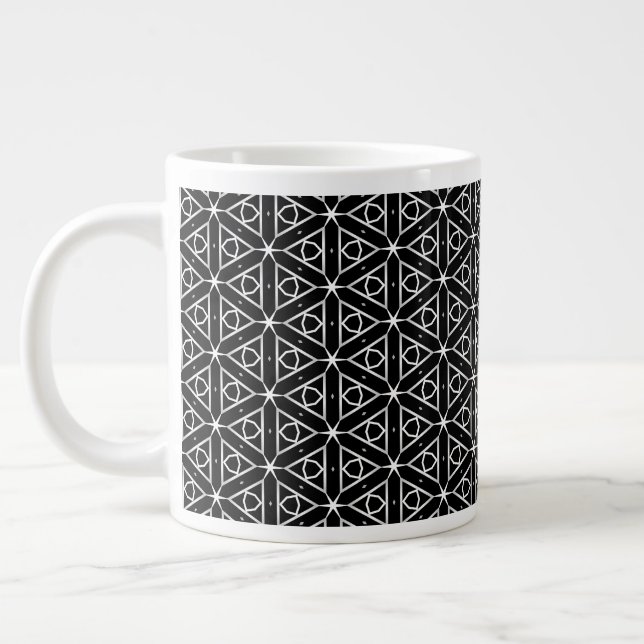 Caneca De Café Grande Padrão Geométrico Preto Branco e Prata (Esquerda)