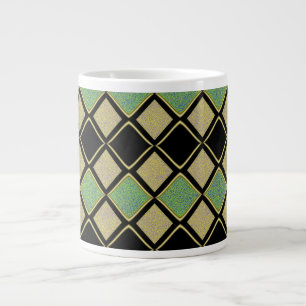 Caneca De Café Grande Padrão Harlequim em Dourado, Verde e Preto