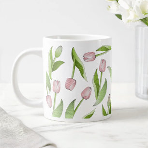 Caneca De Café Grande Padrão Moderno de Tulipas Rosa