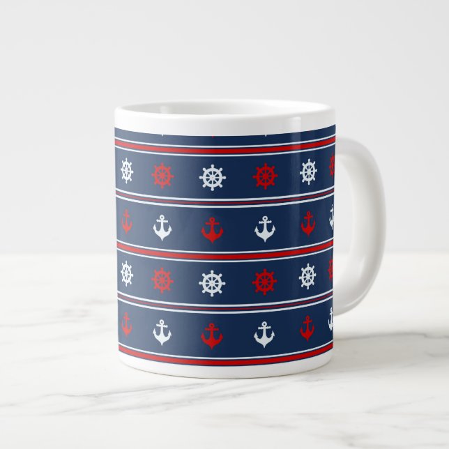 Caneca De Café Grande Padrão Náutico Vermelho, Branco E Azul (Frente Esquerda)