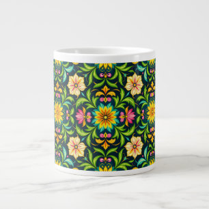 Caneca De Café Grande Padrão Ornamental Floral em Cores Vibrantes