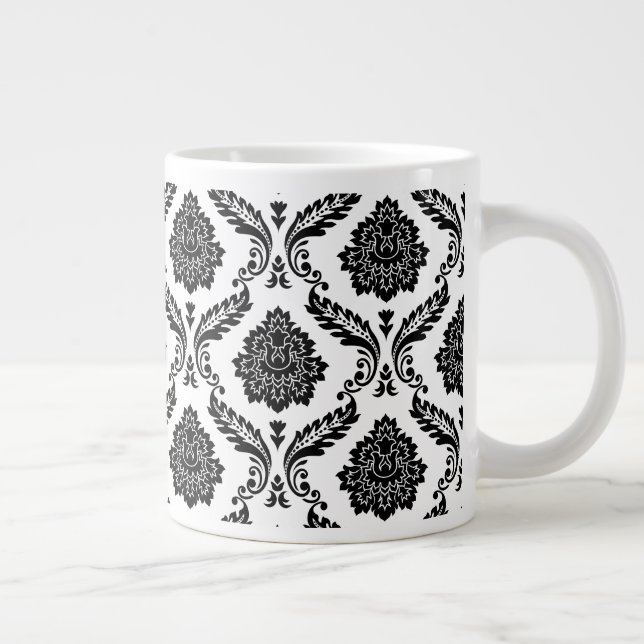 Caneca De Café Grande Padrão Rococó Damask Preto no Branco (Direita)