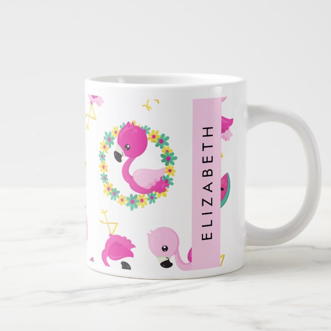 Caneca De Café Grande Padrão Tropical, Flamingos, Flores, Seu Nome (Direita)