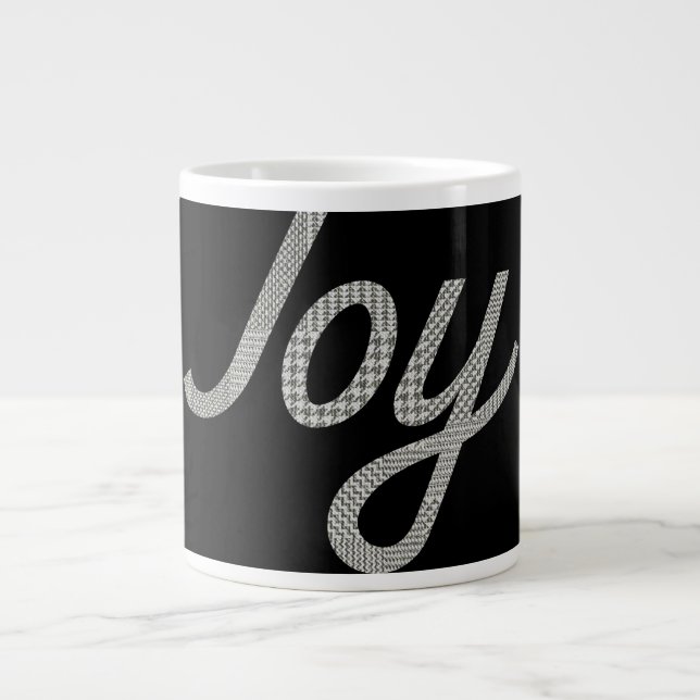 Caneca De Café Grande Padrão Xadrez Holiday Joy em Preto (Frente)