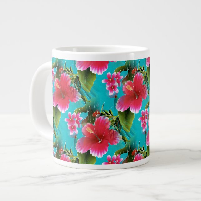 Caneca De Café Grande Padrões de Flores de Hibisco do Havaí, Turquesa Ro (Frente Esquerda)