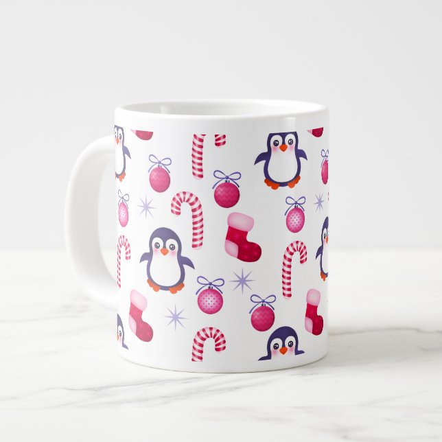 Caneca De Café Grande Padrões de Natal Rosa e Branco bonitos com pinguin (Frente Esquerda)