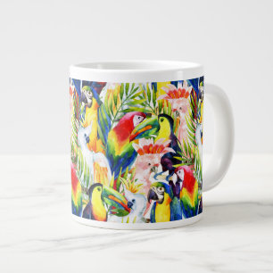 Caneca De Café Grande Papagaios E Folhas De Palma