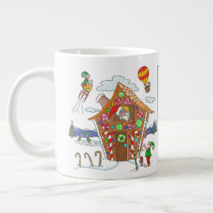 Caneca De Café Grande Papais noeis em Gingerbird House com Elves Colorfu