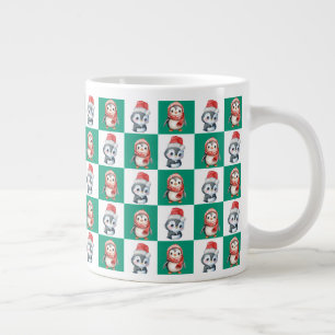 Caneca De Café Grande Papais noeis pinguins aquarela Padrão Feliz de Nat