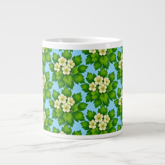 Caneca De Café Grande Papel de embrulho com flores brancas fofas e folha (Frente)