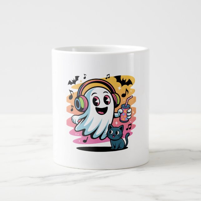 Caneca De Café Grande Party Ghost with Cat Cute Halloween Cartoon  (Frente)