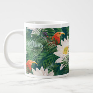 Caneca De Café Grande Pássaros Tropicais e Lotus Brancos
