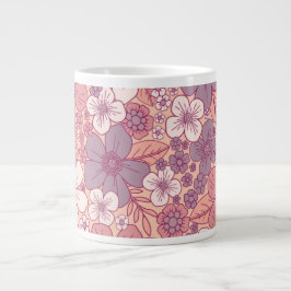 Caneca De Café Grande Pastel Rosa e Púrpura Floral