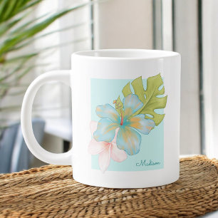 Caneca De Café Grande Pastel Tropical Floral Buquê com qualquer Nome