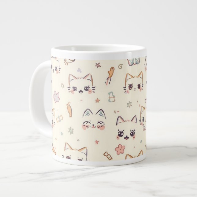 Caneca De Café Grande Patterno De Cartoon Engraçado De Gato (Frente Esquerda)