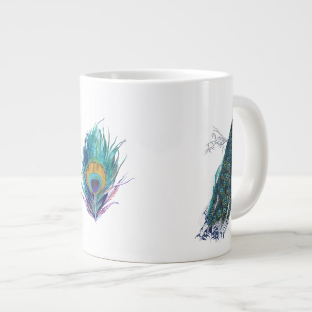 Caneca De Café Grande Pavão azul com penas de cauda lindas (Frente Esquerda)