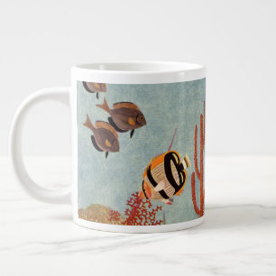 Caneca De Café Grande Peixes Angélicos em Coral, Peixes Tropicais Vintag