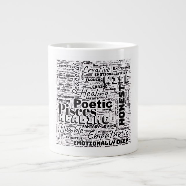 Caneca De Café Grande Peixes Zodiac Word Cloud Inspiration (Frente)