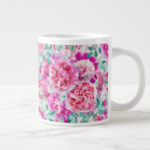 Caneca De Café Grande Pêonias Rosa Extremas E Folhas De Teto Verde