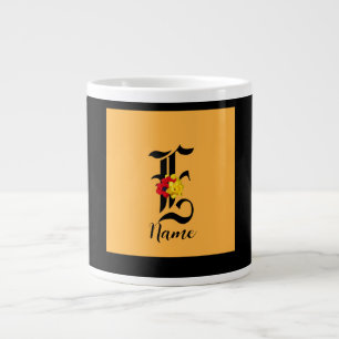 Caneca De Café Grande Personalizar Monograma E Floral Preto Laranja