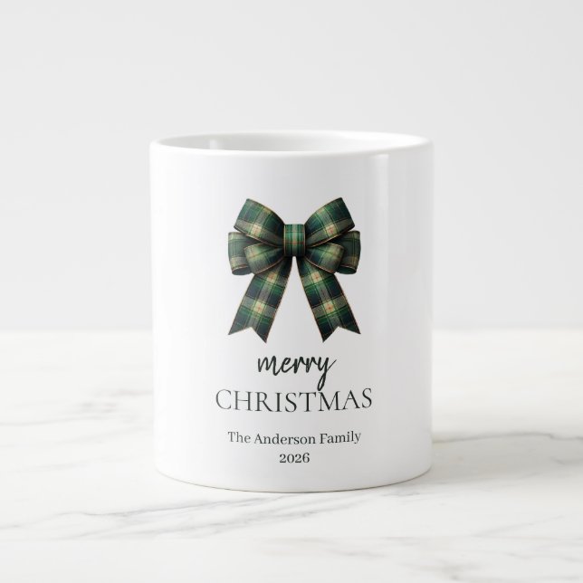 Caneca De Café Grande Personalized Merry Christmas | Green Plaid Bow (Frente)