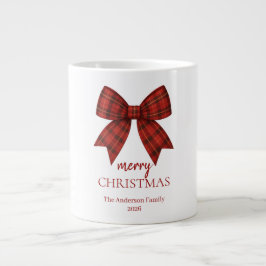 Caneca De Café Grande Personalized Merry Christmas | Red Plaid Bow