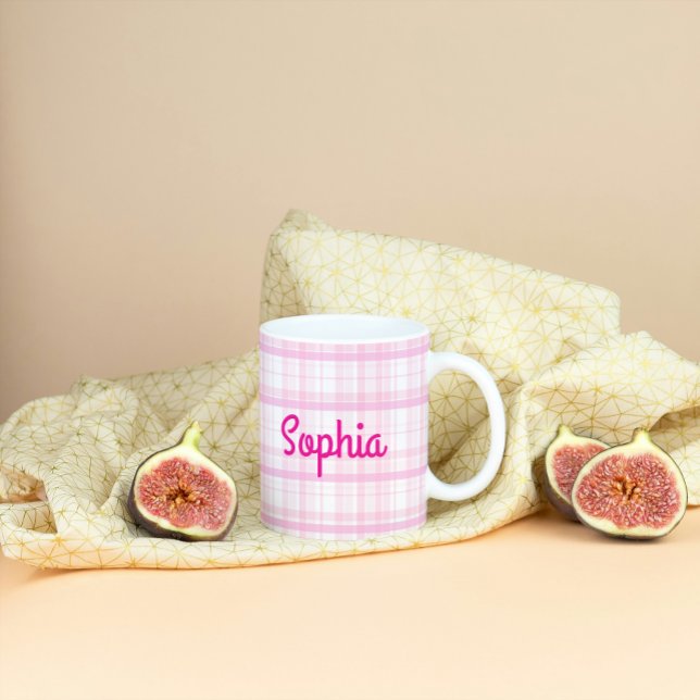 Caneca De Café Grande Personalized Pink Plaid Name Mug (Criador carregado)