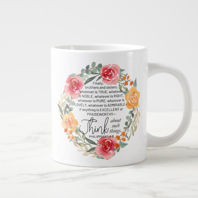 Caneca De Café Grande Philippians 4:8 Floral Wreath rosa e amarelo (Direita)