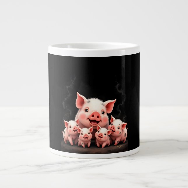 Caneca De Café Grande Pig Artwork – Mother Pig & Piglets (Frente)