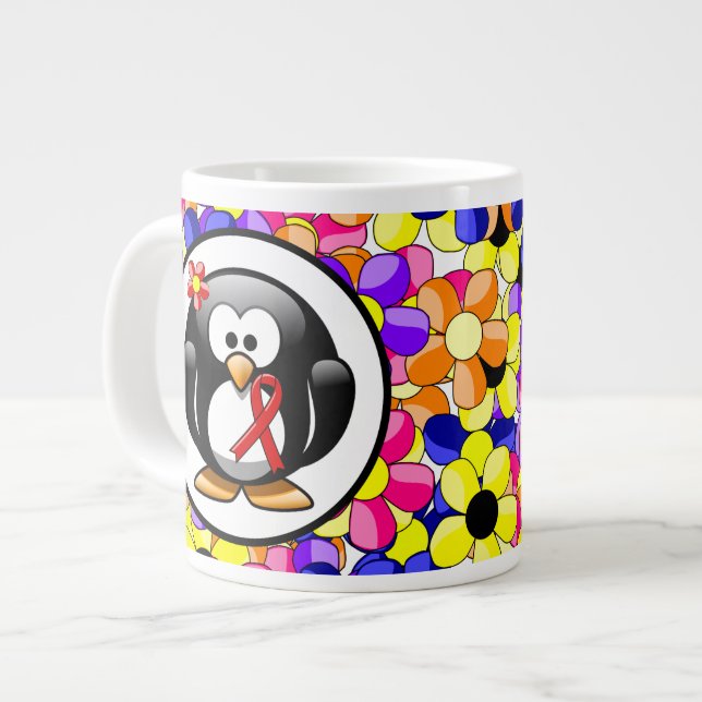 Caneca De Café Grande Pinguim da Faixa de Sensibilização Vermelha (Frente Esquerda)