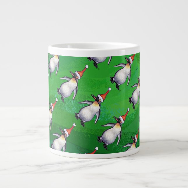 Caneca De Café Grande Pinguim em Santa Hat Padrão em Verde (Frente)