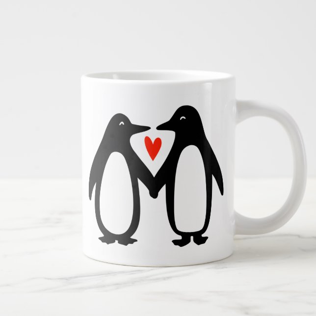 Caneca De Café Grande Pinguins Segurando Mãos Casal (Direita)