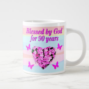 CANECA DE CAFÉ GRANDE PINK FLORAL BECIDO POR DEUS 90 DE ANIVERSÁRIO MUG