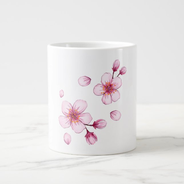 Caneca De Café Grande Pink Watercolor Cherry Blossom Padrão (Frente)