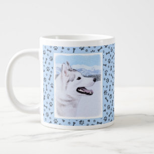 Caneca De Café Grande Pintura de Cão Siberiana (Prata e Branco)