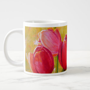 Caneca De Café Grande Pintura de Tulipas Rosa e Vermelha