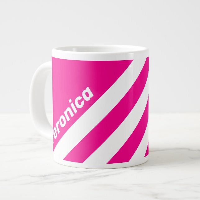 Caneca De Café Grande Pirulito Rosa Retro com Três Listras e Nome (Frente Esquerda)