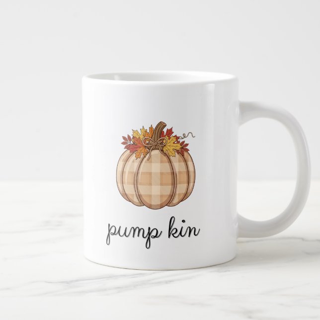 Caneca De Café Grande Plaid Pumpkin Autumn Leaves Art (Direita)