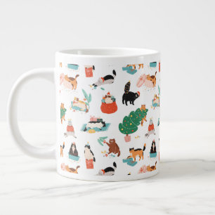 Caneca De Café Grande Playful Cats e o padrão das árvores de Natal