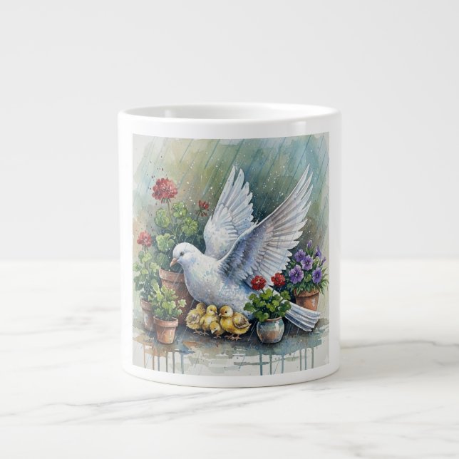 Caneca De Café Grande Pomba e Pintinhos no Jardim (Frente)