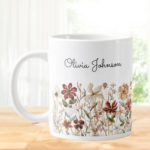 Caneca De Café Grande Prado de flor selvagem personalizado com aquarela